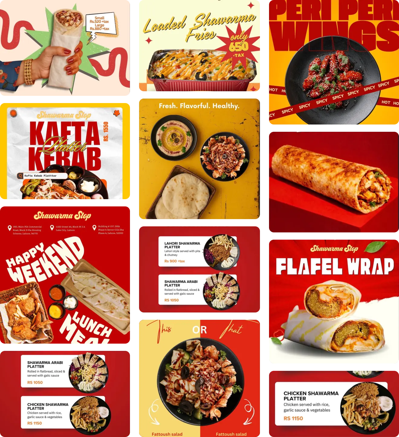 Collage of Shawarma Stop menu favorites including wraps, fries, and platters